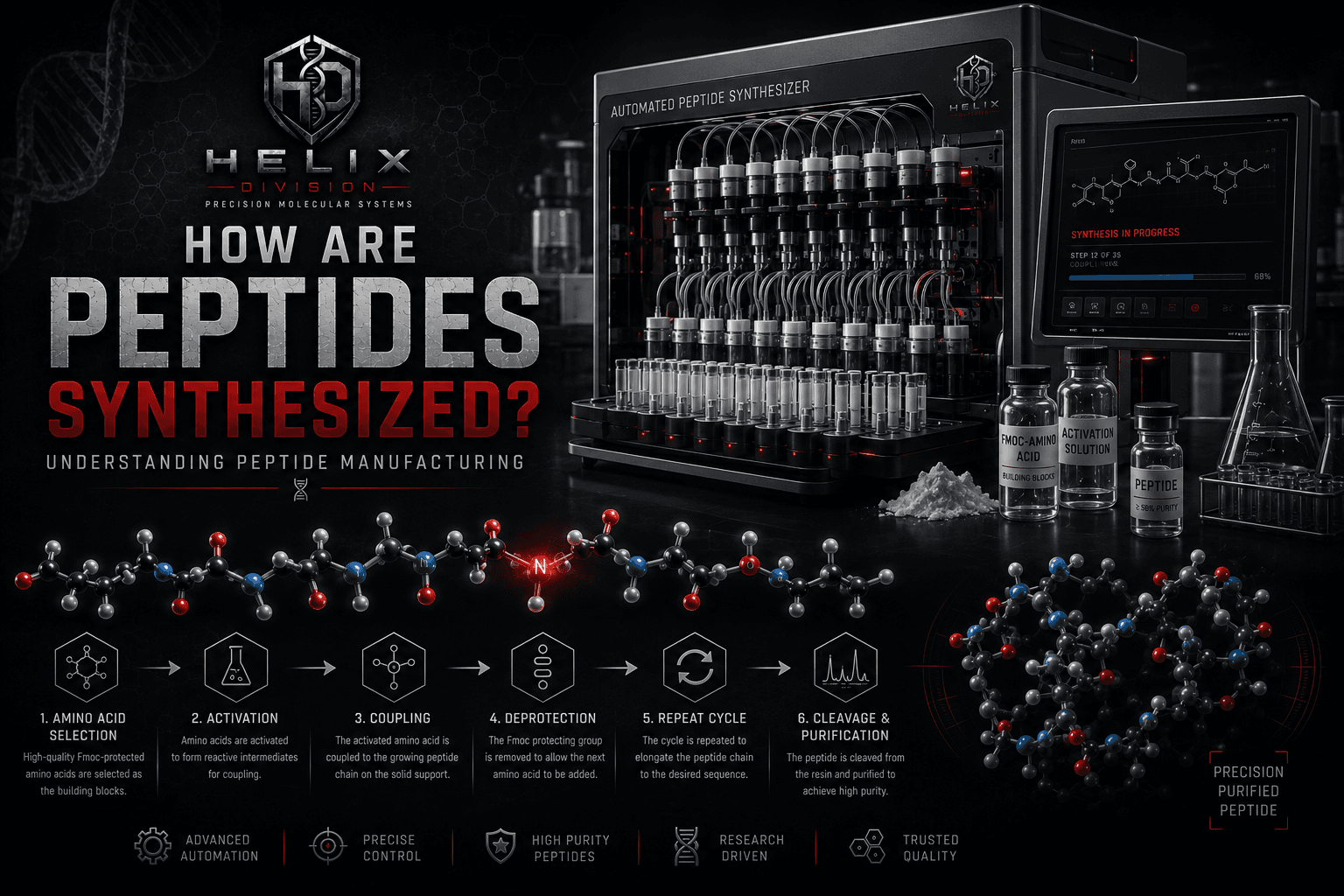 Laboratory illustration showing peptide synthesis equipment.